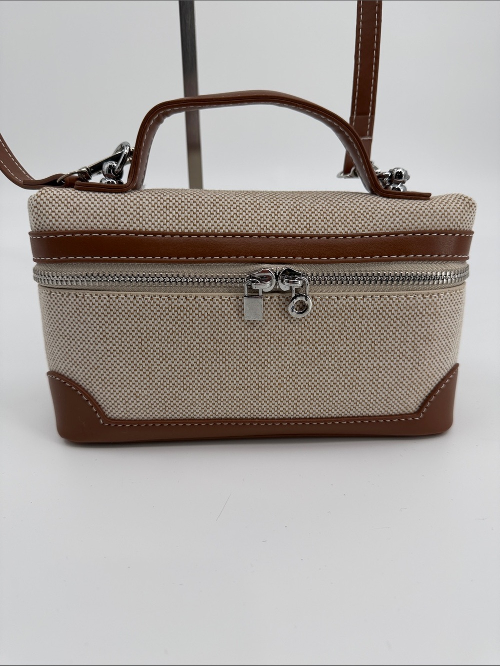 Canvas and Brown Leather Vanity Case Crossbody Bag